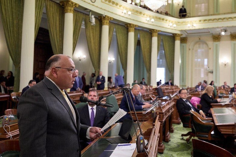 Assemblymember Freddie Rodriguez addresses other lawmakers during a floor session at the state Capitol in Sacramento on April 4, 2024. Photo by Fred Greaves for CalMatters