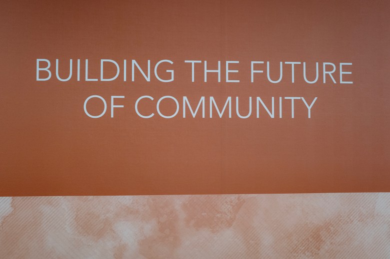 Lettering on a wall reads "Building the Future of Community" at the Hope through Housing Foundation in San Bernardino County on April 18, 2024. The foundation provides shelter for low-income families. Photo by Zaydee Sanchez for CalMatters