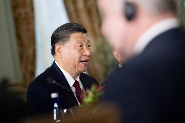 Chinese President Xi Jinping speaks during a meeting with US President Joe Biden, not pictured, during the Asia-Pacific Economic Cooperation (APEC) Leaders' week in Woodside, California on November 15, 2023. Biden and Xi will try to prevent the superpowers' rivalry spilling into conflict when they meet for the first time in a year at a high-stakes summit in San Francisco on Wednesday. With tensions soaring over issues including Taiwan, sanctions and trade, the leaders of the world's largest economies are expected to hold at least three hours of talks at the Filoli country estate on the city's outskirts. (Photo by Brendan Smialowski / AFP) (Photo by BRENDAN SMIALOWSKI/AFP via Getty Images)