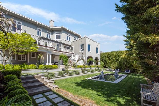 Backyard with reflecting pool. 