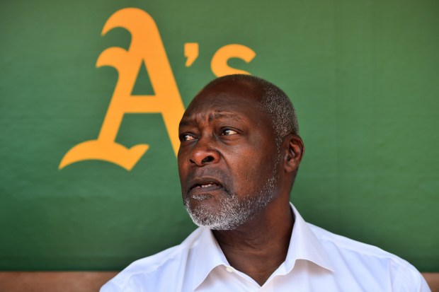 Dave Stewart sits in the dugout before a 2023 Class of the Athletics Hall of Fame ceremony at the Coliseum in Oakland, Calif., on Sunday, Aug. 6, 2023. The Oakland Athletics inducted former Oakland A's players Jason Giambi, Carney Lansford, Gene Tenace, Bob Johnson and public address announcer Roy Steele to the 2023 Class of the Athletics Hall of Fame during a pre-game ceremony before their Bay Bridge Series game against the San Francisco Giants. (Jose Carlos Fajardo/Bay Area News Group)