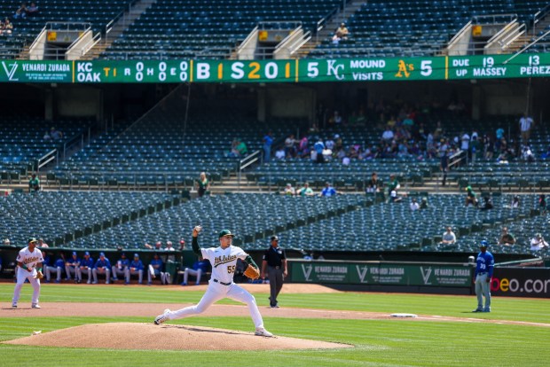 With a low fans attendance, Oakland Athletics' Adrián Martínez (55) pitches against the Kansas City Royals in the first inning of their MLB game at the Coliseum in Oakland, Calif., on Wednesday, Aug. 23, 2023. (Ray Chavez/Bay Area News Group)