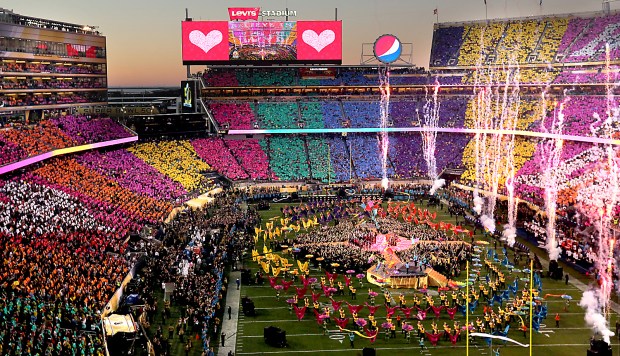 Levi Stadium takes on a party atmosphere during the halftime extravaganza at Super Bowl 50 on Sunday Feb. 7, 2016 at Levis Stadium in Santa Clara, Calif. (Shmuel Thaler/ Santa Cruz Sentinel)