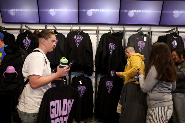 Fans buy Golden State Valkyries merchandise during the Golden State Valkyries block party at Thrive City in San Francisco, Calif., on Saturday, May 18, 2024. (Ray Chavez/Bay Area News Group)