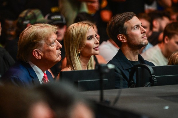 Former US President Donald Trump (L), his daughter Ivanka Trump (C) and her husband Jared Kushner attend the Ultimate Fighting Championship (UFC) 299 mixed martial arts event at the Kaseya Center in Miami, Florida on March 9, 2024. (Photo by GIORGIO VIERA / AFP) (Photo by GIORGIO VIERA/AFP via Getty Images)