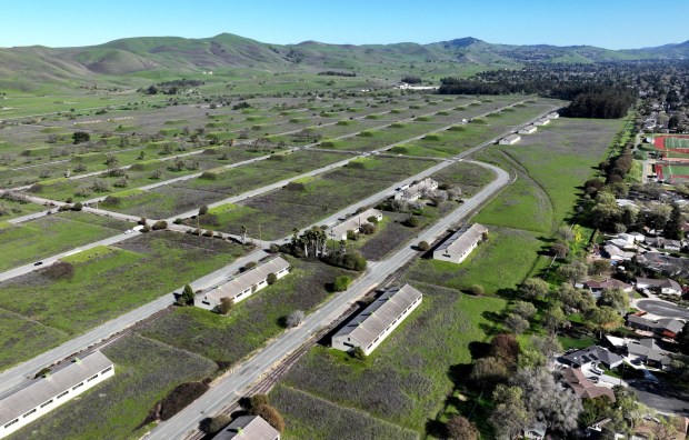 A drone view of the former Concord Naval Weapons Station and the adjacent Dana Estates neighborhood in Concord, Calif., on Tuesday, March 19, 2024. (Jane Tyska/Bay Area News Group)