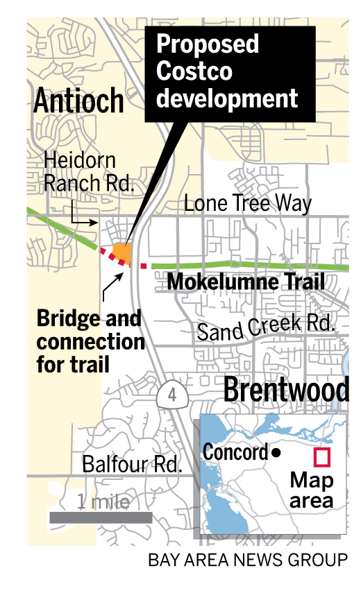 A Map showing the location of a proposed Costco warehouse in Brentwood, California.