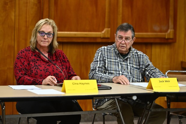 At-Large Community Member chairperson Gina Haynes, left, and Taxpayer's Association member Jack Weir attend the Citizen's Bond Oversight Committee meeting held at the Mt. Diablo Unified School District office in Concord, Calif., on Thursday, May 16, 2024. (Jose Carlos Fajardo/Bay Area News Group)