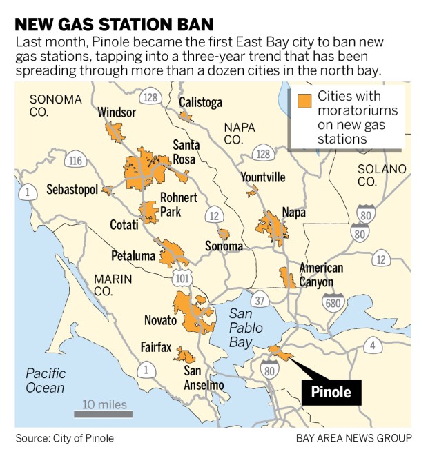 Last month, Pinole became the first East Bay city to ban new gas stations, tapping into a three-year trend that has been spreading through more than a dozen cities in the north bay. This is a map that identifies those cities in the North Bay.