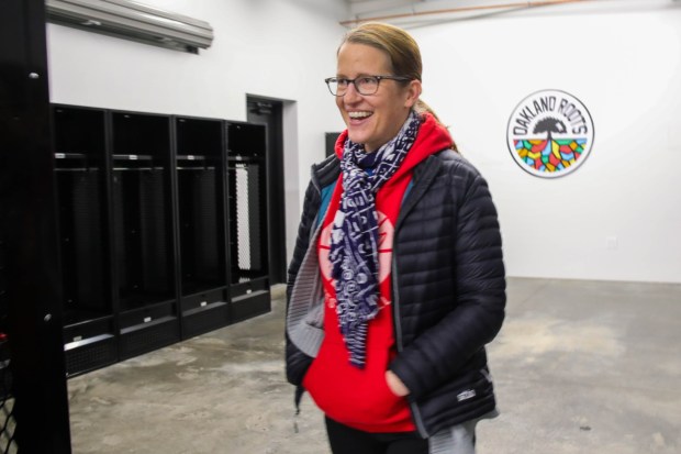 Oakland Roots Soccer Club President Lindsay Barenz at their training facility, which was the same for the Oakland Raiders in Alameda, Calif., on Wednesday, Dec. 14, 2022. (Ray Chavez/Bay Area News Group)