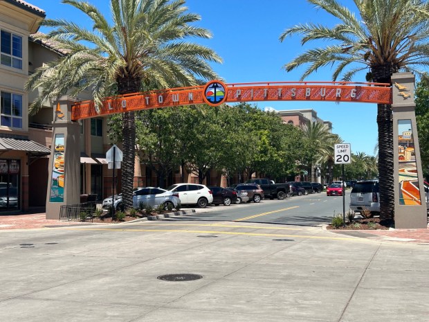 An "Old Town Pittsburg" gateway was completed on Wednesday, June 4, 2024, on Railroad Avenue at Eighth Street in downtown Pittsburg. Designed by Gates & Associates, the sign is part of a Railroad Avenue beautification program and has four panels depicting the city's history. It was paid for mainly through a Caltrans' Clean California Local Grant Program. (Zuna Barker Portillo/City of Pittsburg).