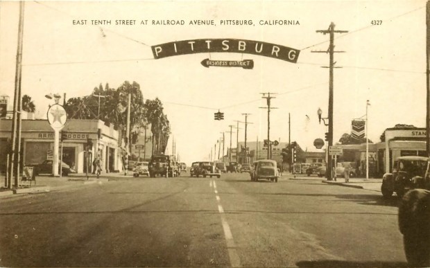 The city of Pittsburg once had a gateway sign on Railroad Avenue and East 10th Street to direct customers to the business district as shown in this undated postcard. The city has installed a new gateway in early June, 2024, complete with ceramic panels depicting important areas of the city's history. (Courtesy city of Pittsburg)