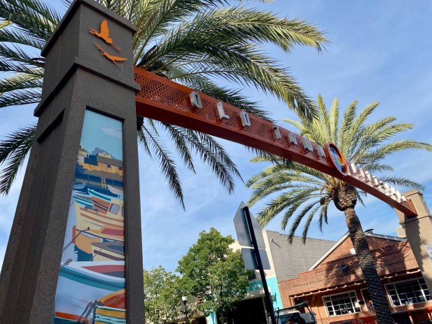 The city of Pittsburg installed a gateway sign on Railroad Avenue, complete with ceramic panels depicting important areas of the city's history, such as the marina shown here on Monday, June 3, 2024. The city also erected a large block Pittsburg sign on Railroad Avenue. Both were paid for mostly with grant monies. (Judith Prieve/Bay Area News Group)