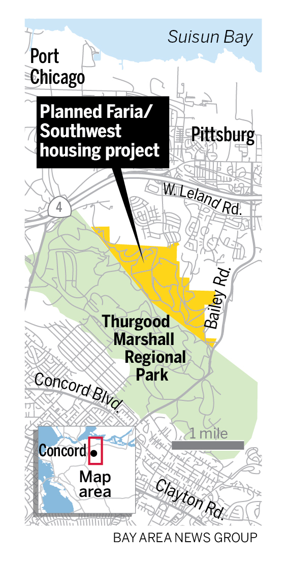 Map showing location of the planned Fairia/Southwest housing project running along the northern border of Thurgood Marshall Regional Park, between Concord and Pittsburg, CA.