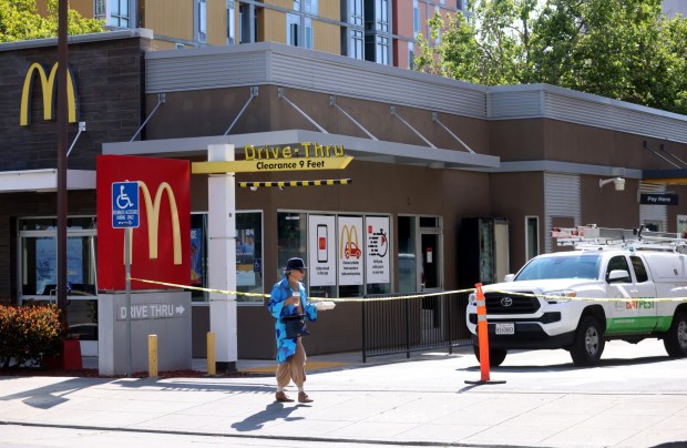 A pest control company inspects the McDonald's restaurant on Jackson Street at 14th Street in downtown Oakland, Calif., on Wednesday, May 8, 2024. The restaurant is closed until health violations can be remedied after an alleged rat infestation. (Jane Tyska/Bay Area News Group)