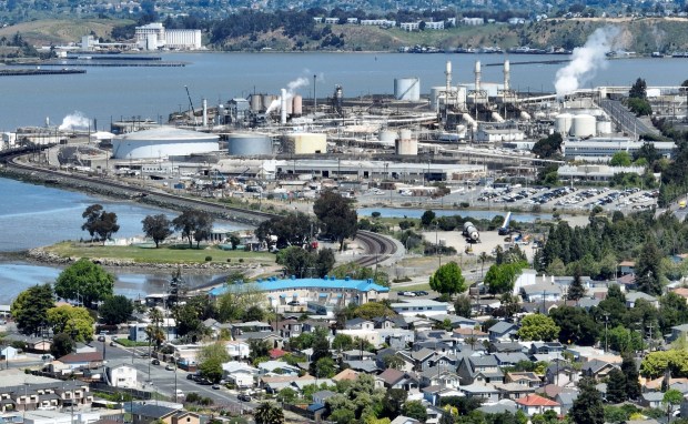 A drone view of the Phillips 66 San Francisco Refinery near the Bayo Vista neighborhood in Rodeo, Calif., on Tuesday, April 30, 2024. (Jane Tyska/Bay Area News Group)