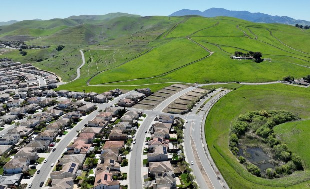 A drone view of undeveloped hills and Mount Diablo seen from the San Marco development in unincorporated Pittsburg, Calif., on Tuesday, April 9, 2024. There is a proposal to develop 1,500 residential units in the area. (Jane Tyska/Bay Area News Group)