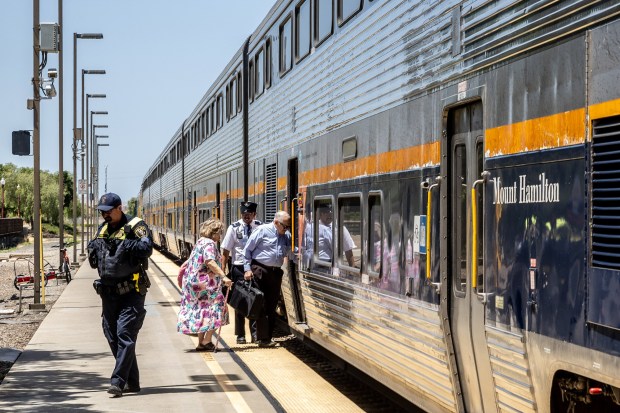 Antioch residents David and Diane Stertzbach board an eastbound train at the Pittsburg/Antioch Amtrak Station, Wednesday, May 22, 2024. The San Joaquin Joint Powers Authority is considering closing the station. (Karl Mondon/Bay Area News Group)