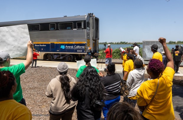 Antioch residents rally at the Pittsburg/Antioch Amtrak Station, Wednesday, May 22, 2024, demanding that the San Joaquin Joint Powers Authority reconsider their plan to eliminate the stop. (Karl Mondon/Bay Area News Group)