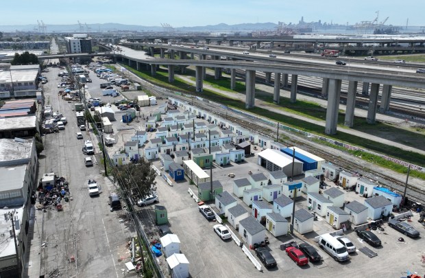 A drone view of city-created 100-bed cabin shelters on the site of the former Wood Street homeless encampment in West Oakland, Calif., on Wednesday, April 10, 2024. (Jane Tyska/Bay Area News Group)