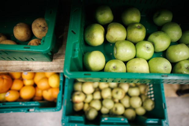 Various fruits are stored at the food pantry of West Valley Community Services on Tuesday, Feb. 20, 2024, in Cupertino, Calif. (Dai Sugano/Bay Area News Group)