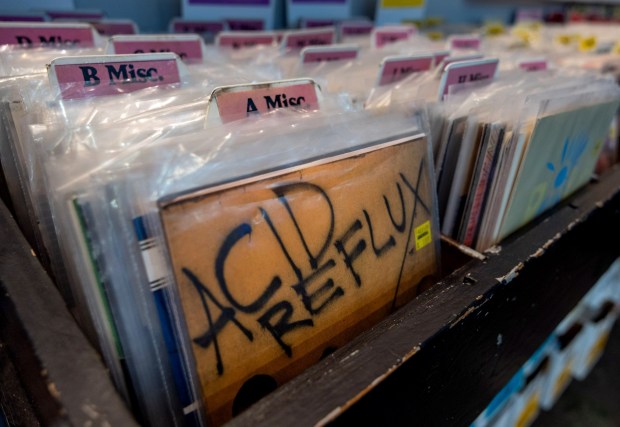 A rack of 45s are for sale at Amoeba Music in Berkeley, Calif. on Telegraph Avenue, Friday, March 8, 2024. (Karl Mondon/Bay Area News Group)