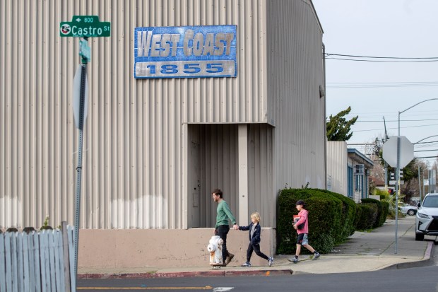 Shoppers depart the non-descript West Coast Sporting Goods in San Leandro, Calif., Saturday, Feb. 18, 2023. (Karl Mondon/Bay Area News Group)