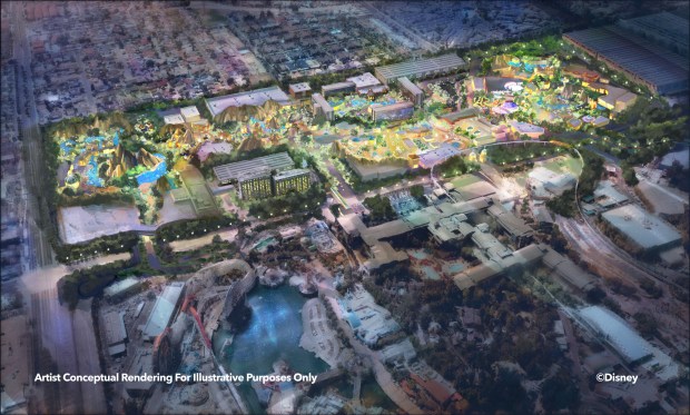 Concept art of an immersive theme park planned for the westside expansion in the DisneylandForward plan. (Courtesy of Disney)