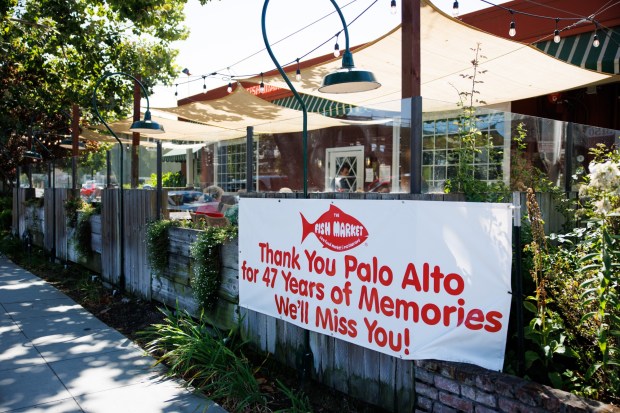 On the last day of service at The Fish Market in Palo Alto, Calif., a message of appreciation is displayed on Wednesday, Sept. 13, 2023. After 47 years, the seafood restaurant chain is closing two Northern California locations in Palo Alto and San Mateo. Today is the last day of the Palo Alto location. The last day of the San Mateo location is Sept. 20. (Dai Sugano/Bay Area News Group)