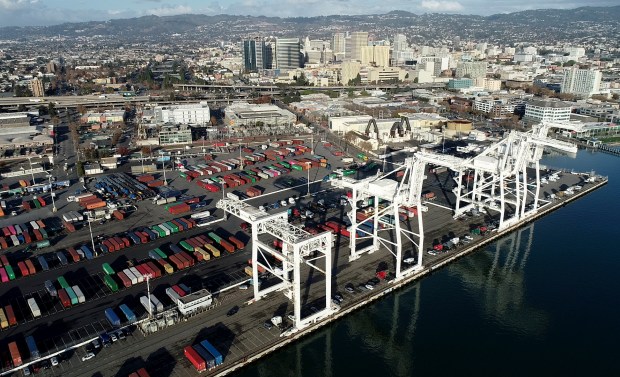 Howard Terminal is seen in this drone view over Oakland, Calif., on Wednesday, Nov. 28, 2018. (Jane Tyska/Bay Area News Group)