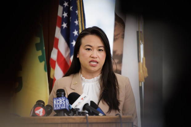 Oakland Mayor Sheng Thao speaks during a press conference at City Hall in Oakland, Calif., on April 20, 2023. The Oakland A's have agreed to buy land in Las Vegas and build a new stadium there, team officials confirmed Wednesday. (Dai Sugano/Bay Area News Group)