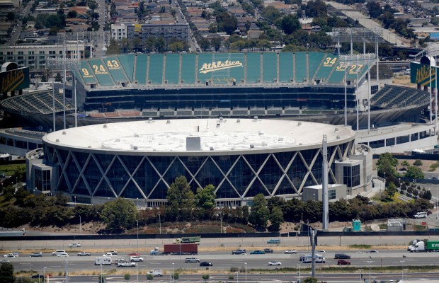 A view of the Coliseum and Oakland Arena in Oakland, Calif., on Thursday, July 20, 2023. (Jane Tyska/Bay Area News Group)