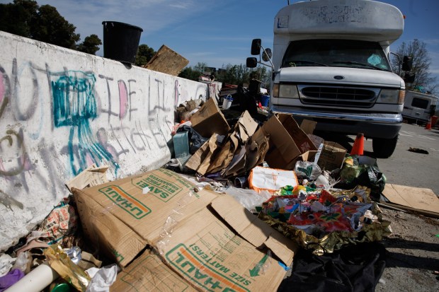 A pile of trash is seen at the homeless encampment near Columbus Park in San Jose, Calif., on Friday, April 12, 2024. (Dai Sugano/Bay Area News Group)