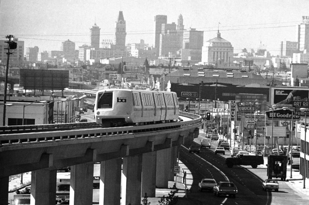 FILE - A Bay Area Rapid Transit System train zips along an elevated section of tracks in Oakland, Calif., Sept. 9, 1972, during a test run, in preparation for the September 11 opening of the first section of BART. Only the 28-mile Oakland-to-Fremont stretch opens on September 11. (AP Photo/Sal Veder)