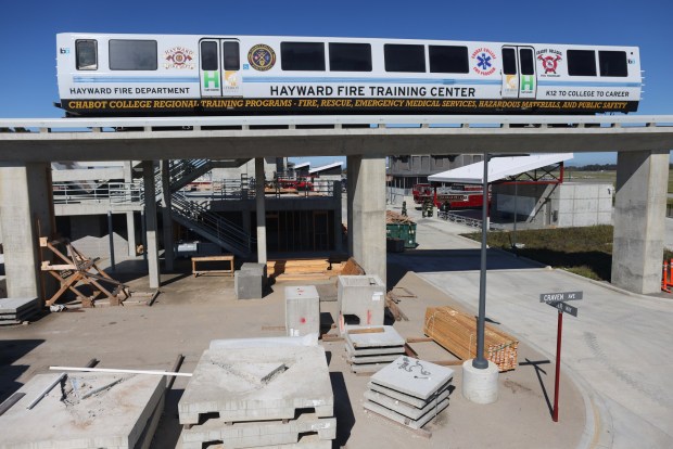 The Hayward Fire Department created an elevated track platform to hold a retired BART legacy car to be used at their training facility on Tuesday, April 9, 2024, in Hayward, Calif. (Aric Crabb/Bay Area News Group)