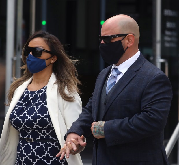 SAN JOSE, CA - AUGUST 31: Michael Nichols, right, is photographed outside of the San Jose Hall of Justice on Monday, Aug. 31, 2020, in San Jose, Calif. Nichols was arraigned on conspiracy and bribery charges involving concealed weapon permits in Santa Clara County. (Aric Crabb/Bay Area News Group)