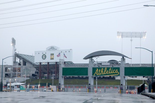 A rainy and somber view of the empty Coliseum in Oakland, Calif., on Thursday, April 4, 2024. Earlier today, the Oakland Athletics announced they'll be playing in Sacramento from 2025 through 2027, while their stadium is built in Las Vegas. (Ray Chavez/Bay Area News Group)