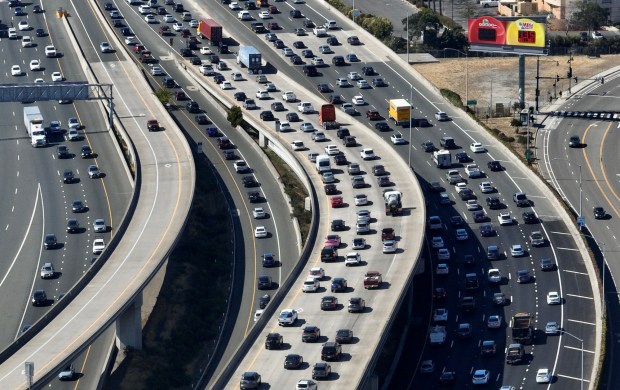 Afternoon traffic in this aerial view of traffic on Highway 80 off the maze entering Emeryville in Oakland, Calif., on Friday, Aug. 4, 2023. (Jane Tyska/Bay Area News Group)