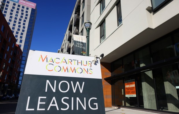 Signage outside the MacArthur Commons apartment building on Monday, Nov. 27, 2023, in Oakland, Calif. More apartments are offering concessions to compete for renters' attention. (Aric Crabb/Bay Area News Group)