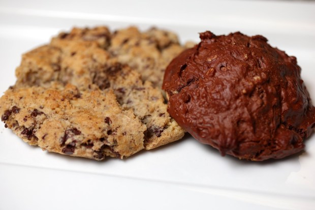 A Valrhona chocolate chip cookie with vanilla and smoked maldon salt, left, and a Valrhona triple chocolate cookie, right, at La Noisette Sweets on Wednesday, April 10, 2024, in Berkeley, Calif. (Aric Crabb/Bay Area News Group)