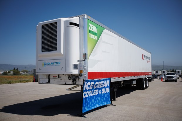 A trailer equipped with a solar and electric powered refrigerator unit is displayed during a Performance Food Group's event, where they showcased their 6 electric semi trucks and electric refrigeration units on Monday, April 22, 2024, in Gilroy, Calif. (Dai Sugano/Bay Area News Group)