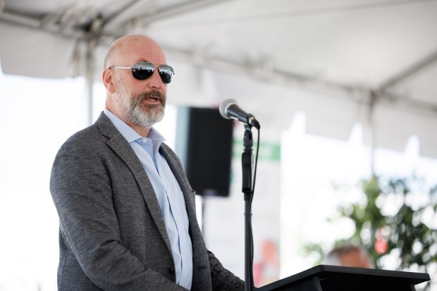 Jeff Williamson, senior vice president, operations at Performance Food Group, speaks during the company's event, where they showcased their 6 electric semi trucks and electric refrigeration units on Monday, April 22, 2024, in Gilroy, Calif. (Dai Sugano/Bay Area News Group)