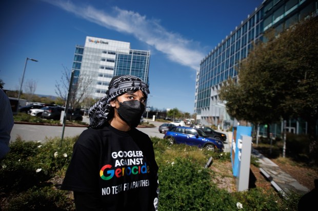 Google employee Emaan Haseem talks to the media as other demonstrators protest against the war in Gaza and Google's work with the Israeli government on Tuesday, April 16, 2024, in front of the Google offices in Sunnyvale, Calif. (Dai Sugano/Bay Area News Group)