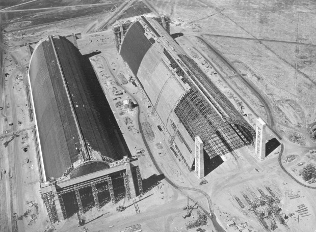 An overhead view of Hangars 2 and 3 from the northwest corner of Moffett Field in June 1943.Â (Ames Research Center)