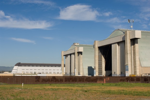 Hangars 2, left, and 3, right, at NASA Ames Research Center on Monday, May 15, 2006. Hangar 3, considered unsafe, began demolition in Dec. 2023. It will be completed by March 2025.Â (NASA Ames Research Center)