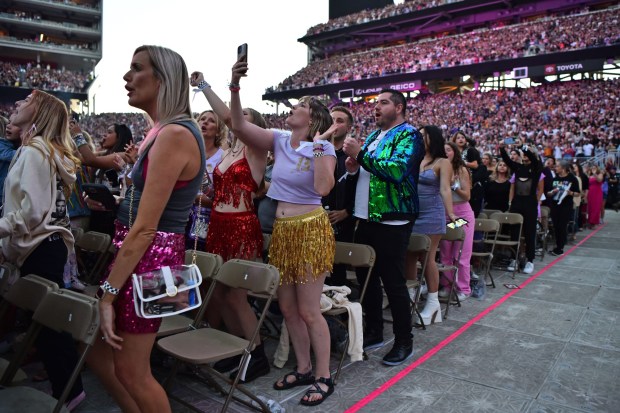 Taylor Swift fans sing and dance to her music as she performs on stage during The Eras Tour at Levi's Stadium in Santa Clara, Calif., on Friday, July 28, 2023. (Jose Carlos Fajardo/Bay Area News Group)