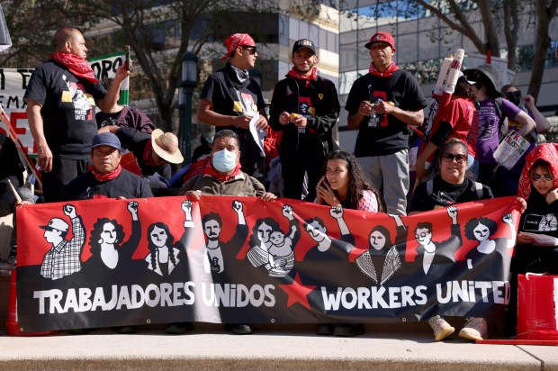 Pro-Palestinian protesters gather at a May Day rally at City Hall in downtown Oakland, Calif., on Wednesday, May 1, 2024. Multiple protests took place throughout the Bay Area as part of May Day action in support of workers and Palestinian people. (Jane Tyska/Bay Area News Group)