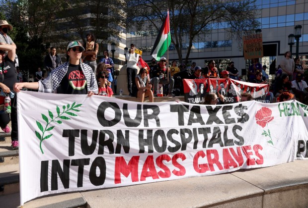 Pro-Palestinian protesters gather at a May Day rally at City Hall in downtown Oakland, Calif., on Wednesday, May 1, 2024. Multiple protests took place throughout the Bay Area as part of May Day action in support of workers and Palestinian people. (Jane Tyska/Bay Area News Group)