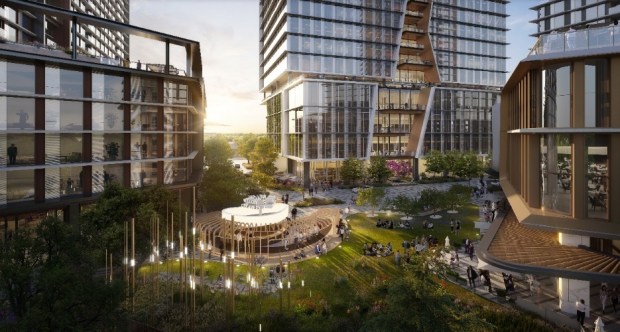 Three towers and open areas in the Willow Park mixed-use development on the former Sunset Magazine site at 80 Willow Road in Menlo Park, concept. (Solomon Cordwell Buenz)