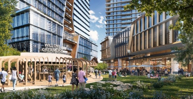 Street-level commercial sites and open spaces, with adjacent towers visible, in the Willow Park mixed-use development on the former Sunset Magazine site at 80 Willow Road in Menlo Park, concept. (Solomon Cordwell Buenz)